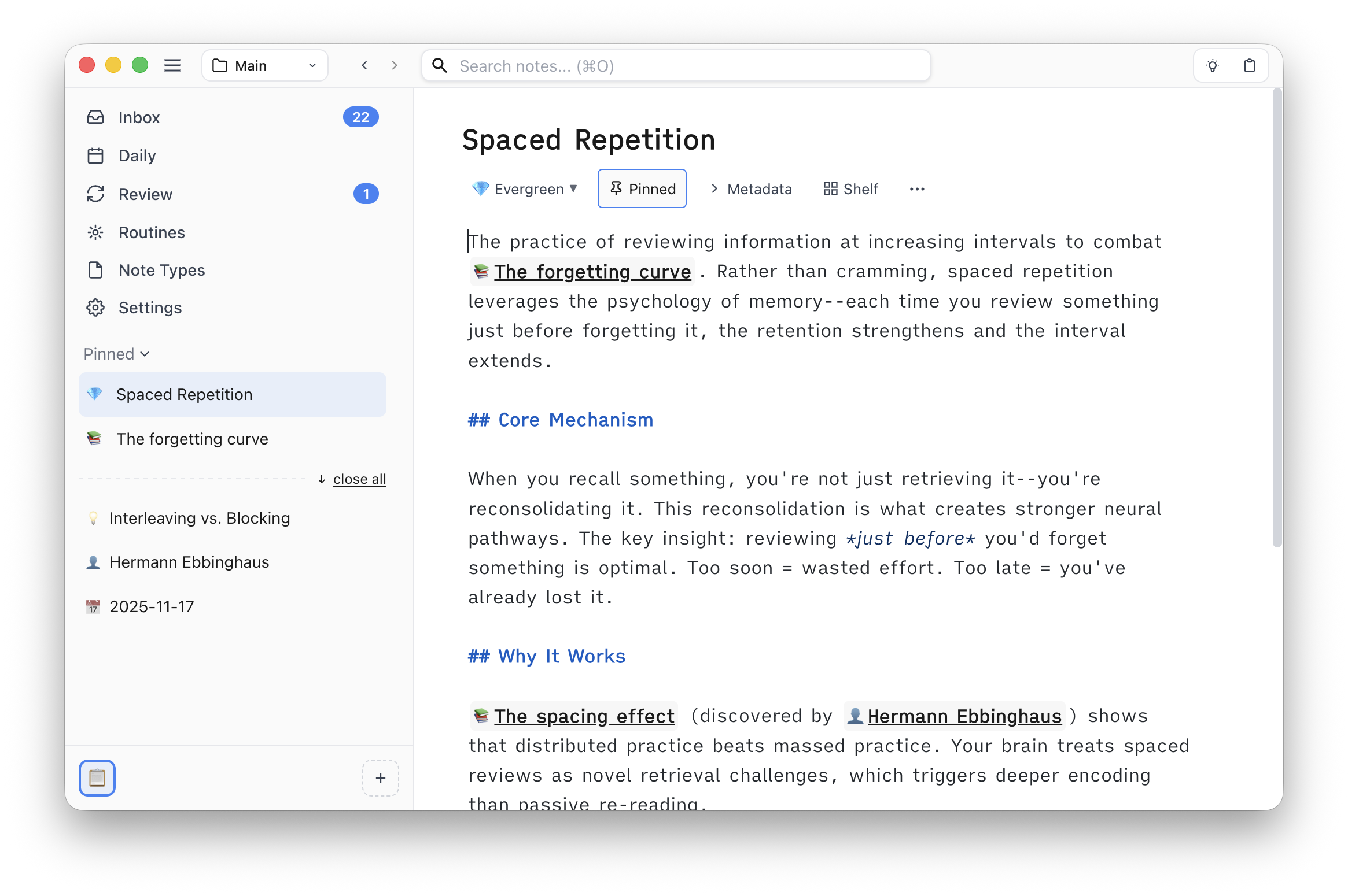 Flint main interface showing a note on Spaced Repetition with wikilinks and structured content